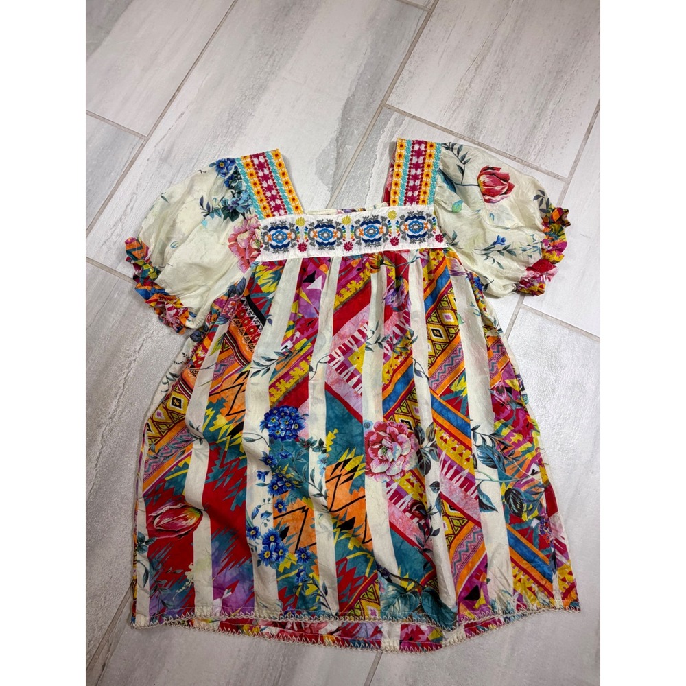 Johnny Was Tweety Mixed Print 100% Silk Blouse Embroidered Top Size XXS NWOT - Picture 6 of 7